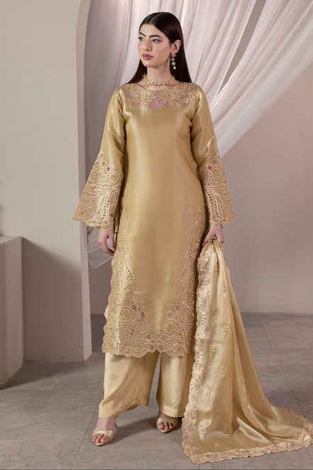 Champagne gold embroidered 3 piece Pakistani suit with dupatta for women - photo 1
