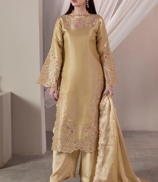 Champagne gold embroidered 3 piece Pakistani suit with dupatta for women - photo 1