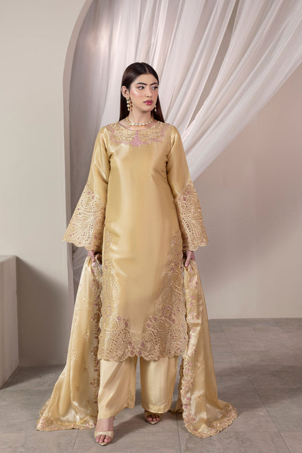 Champagne gold embroidered 3 piece Pakistani suit with dupatta for women - photo 2