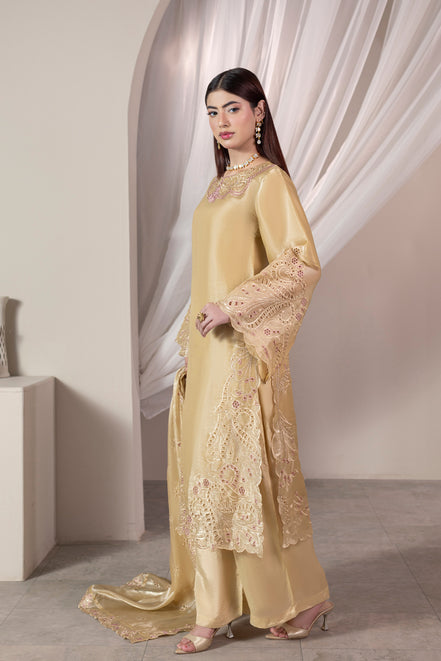 Champagne gold embroidered 3 piece Pakistani suit with dupatta for women - photo 3