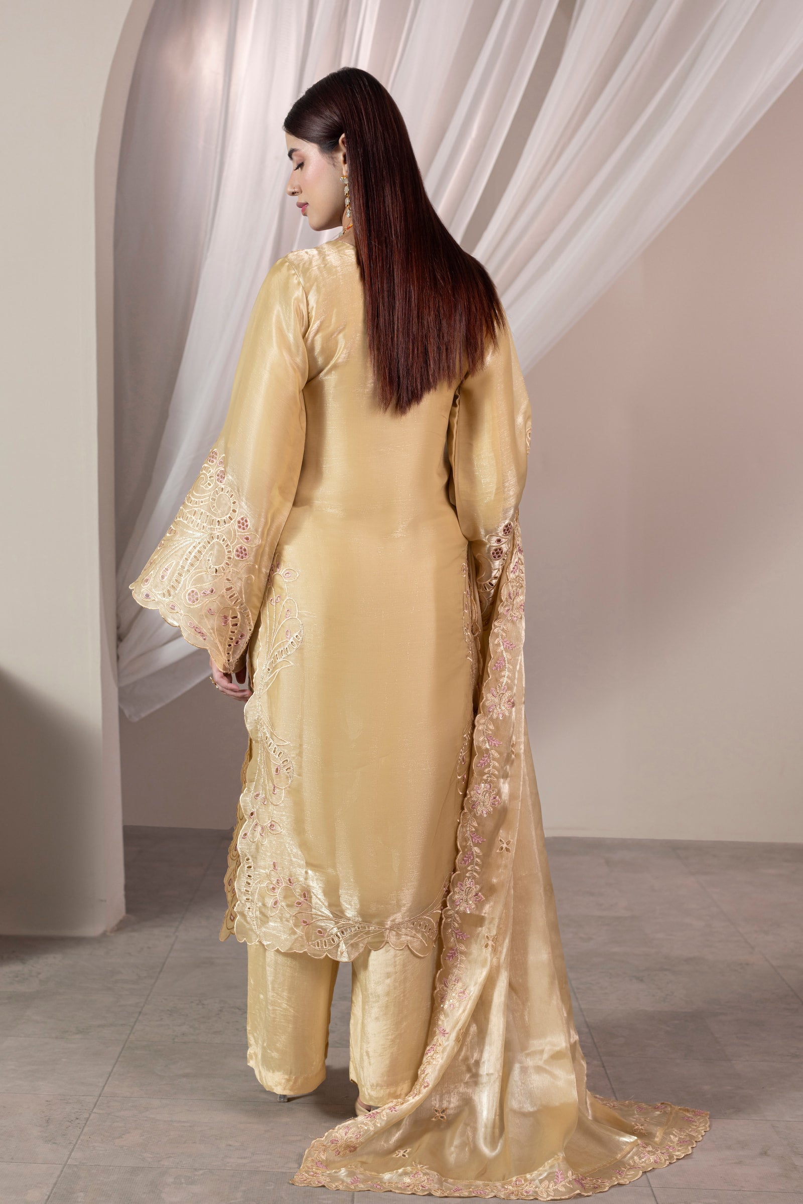 Champagne gold embroidered 3 piece Pakistani suit with dupatta for women - photo 4