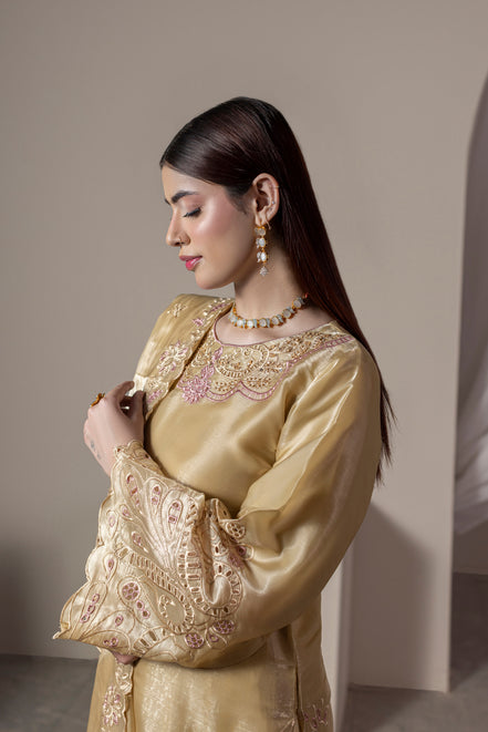 Champagne gold embroidered 3 piece Pakistani suit with dupatta for women - photo 5