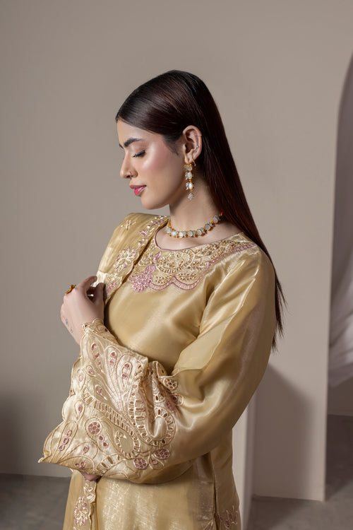Champagne gold embroidered 3 piece Pakistani suit with dupatta for women - photo 5