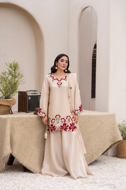 Cream embroidered 3 piece Pakistani suit with red floral detailing - photo 1
