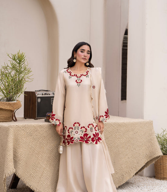 Cream embroidered 3 piece Pakistani suit with red floral detailing - photo 1
