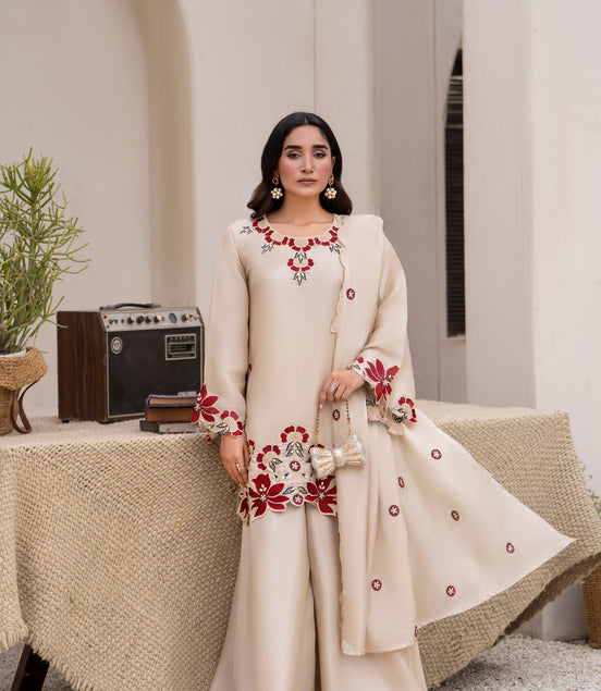 Cream embroidered 3 piece Pakistani suit with red floral detailing - photo 2