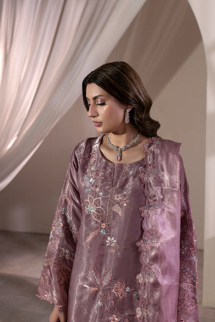 Dusty mauve floral embroidered 3 piece Pakistani suit with cutwork dupatta - photo 1