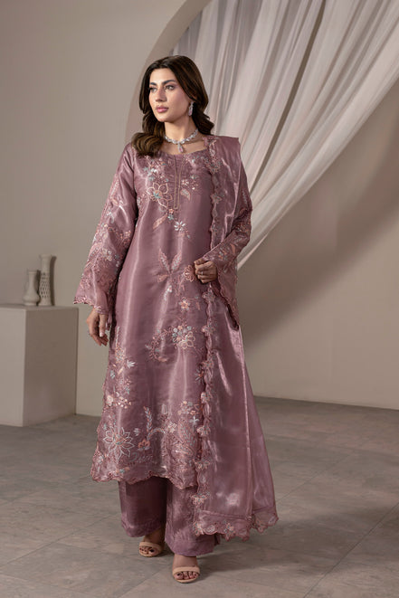 Dusty mauve floral embroidered 3 piece Pakistani suit with cutwork dupatta - photo 2