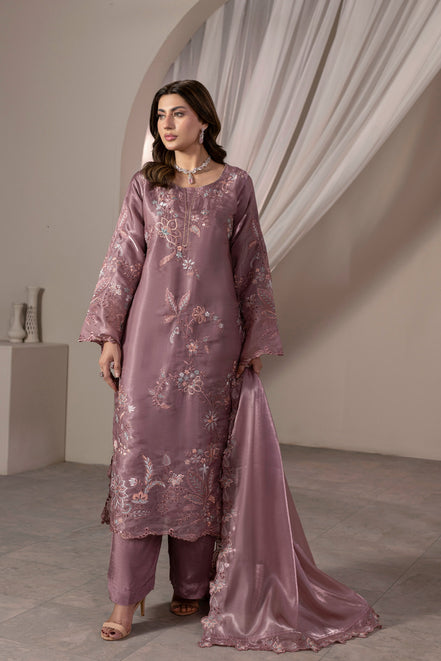 Dusty mauve floral embroidered 3 piece Pakistani suit with cutwork dupatta - photo 3