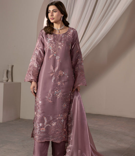 Dusty mauve floral embroidered 3 piece Pakistani suit with cutwork dupatta - photo 3