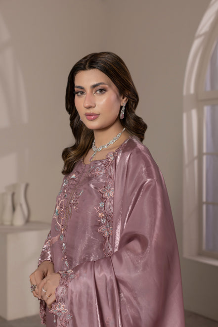 Dusty mauve floral embroidered 3 piece Pakistani suit with cutwork dupatta - photo 5