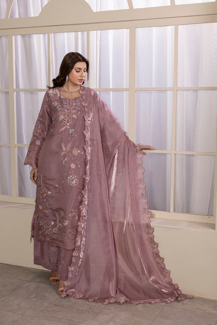 Dusty mauve floral embroidered 3 piece Pakistani suit with cutwork dupatta - photo 6