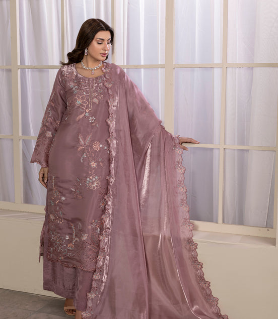Dusty mauve floral embroidered 3 piece Pakistani suit with cutwork dupatta - photo 6