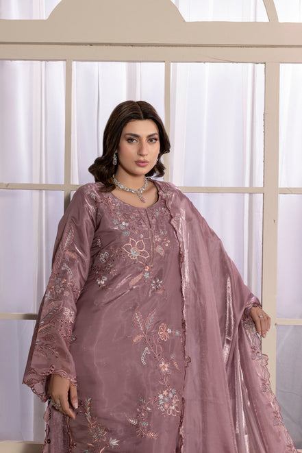 Dusty mauve floral embroidered 3 piece Pakistani suit with cutwork dupatta - photo 7