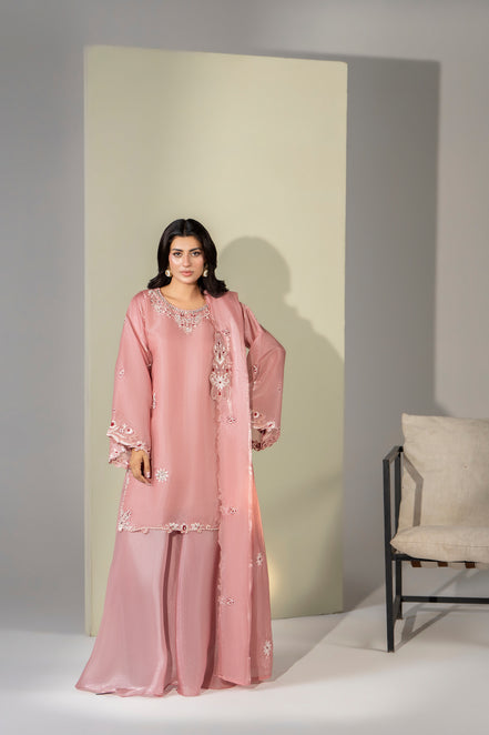 Dusty pink embroidered 3 piece Pakistani suit with embroidered sleeves for women - photo 2
