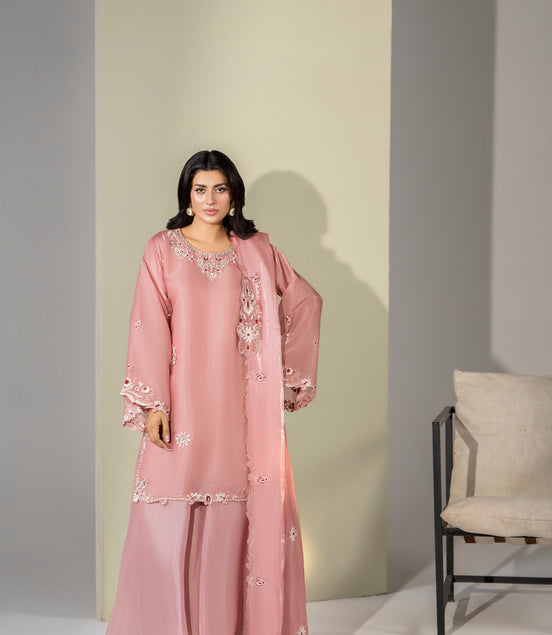 Dusty pink embroidered 3 piece Pakistani suit with embroidered sleeves for women - photo 2