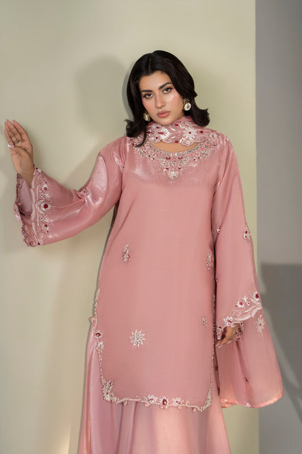 Dusty pink embroidered 3 piece Pakistani suit with embroidered sleeves for women - photo 3