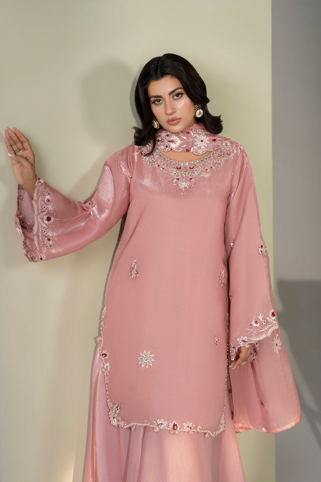 Dusty pink embroidered 3 piece Pakistani suit with embroidered sleeves for women - photo 3