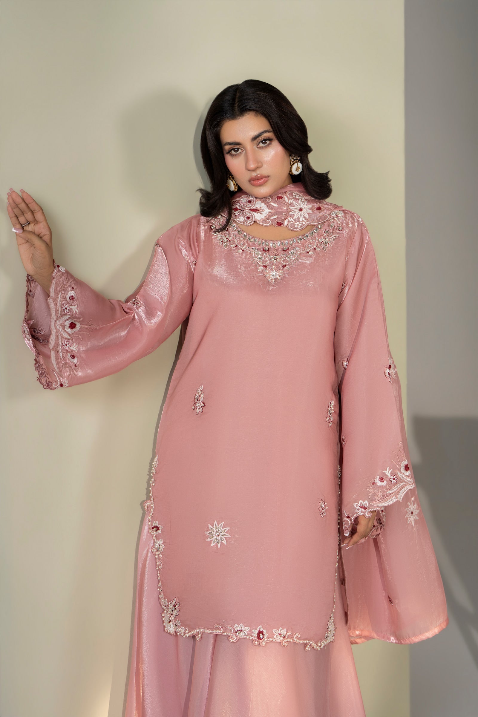 Dusty pink embroidered 3 piece Pakistani suit with embroidered sleeves for women - photo 3