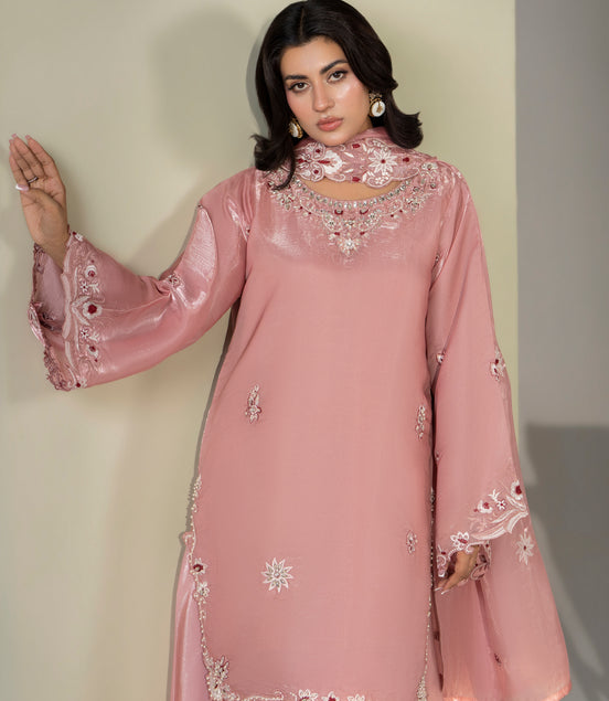Dusty pink embroidered 3 piece Pakistani suit with embroidered sleeves for women - photo 3