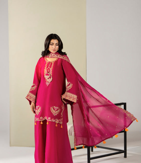 Magenta embroidered 3 piece Pakistani suit for women with gold embroidery detail - photo 1