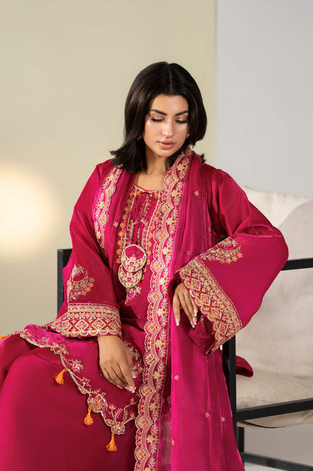 Magenta embroidered 3 piece Pakistani suit for women with gold embroidery detail - photo 4