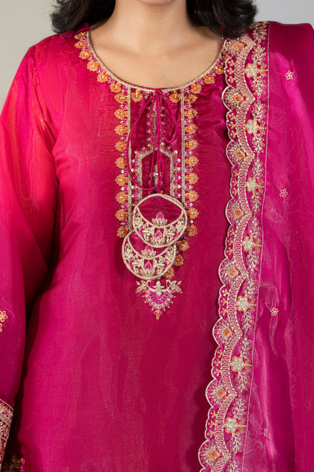 Magenta embroidered 3 piece Pakistani suit for women with gold embroidery detail - photo 5