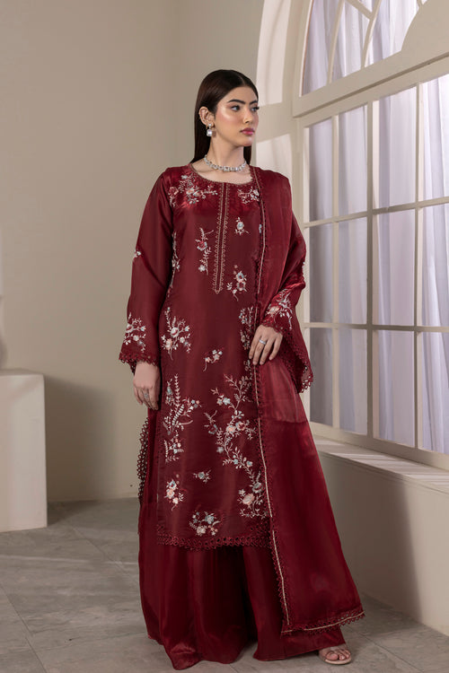 Maroon embroidered 3 piece Pakistani formal suit for women - photo 1