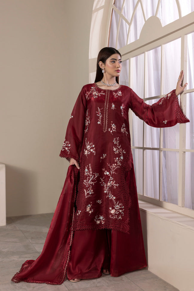 Maroon embroidered 3 piece Pakistani formal suit for women - photo 4