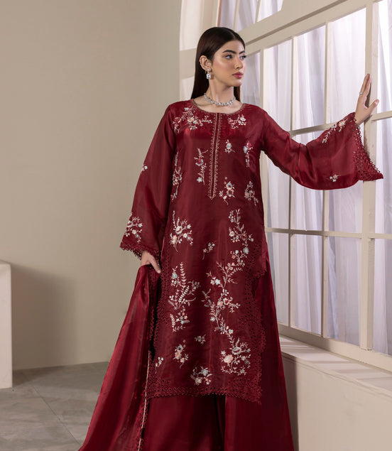 Maroon embroidered 3 piece Pakistani formal suit for women - photo 4