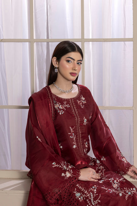 Maroon embroidered 3 piece Pakistani formal suit for women - photo 6