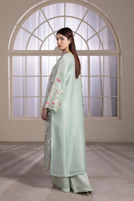 Mint green embroidered organza 3 piece suit for women, formal wear - photo 1