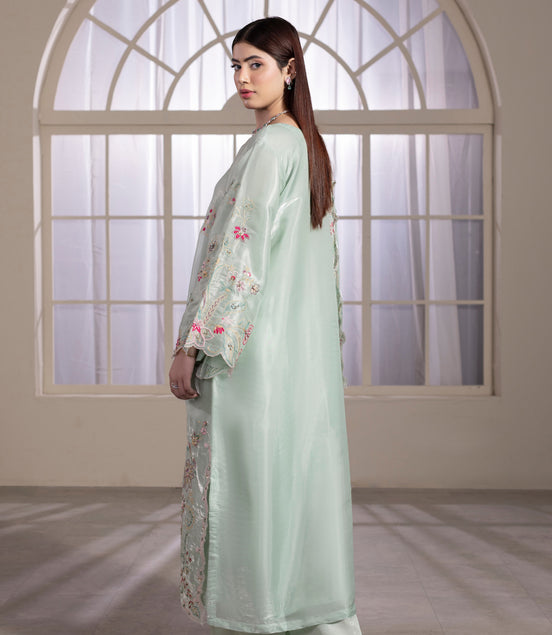 Mint green embroidered organza 3 piece suit for women, formal wear - photo 1