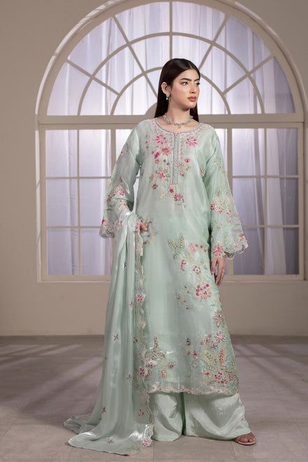 Mint green embroidered organza 3 piece suit for women, formal wear - photo 2