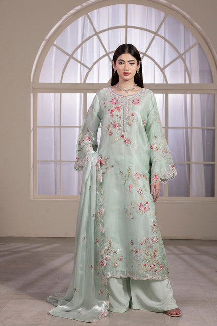 Mint green embroidered organza 3 piece suit for women, formal wear - photo 3