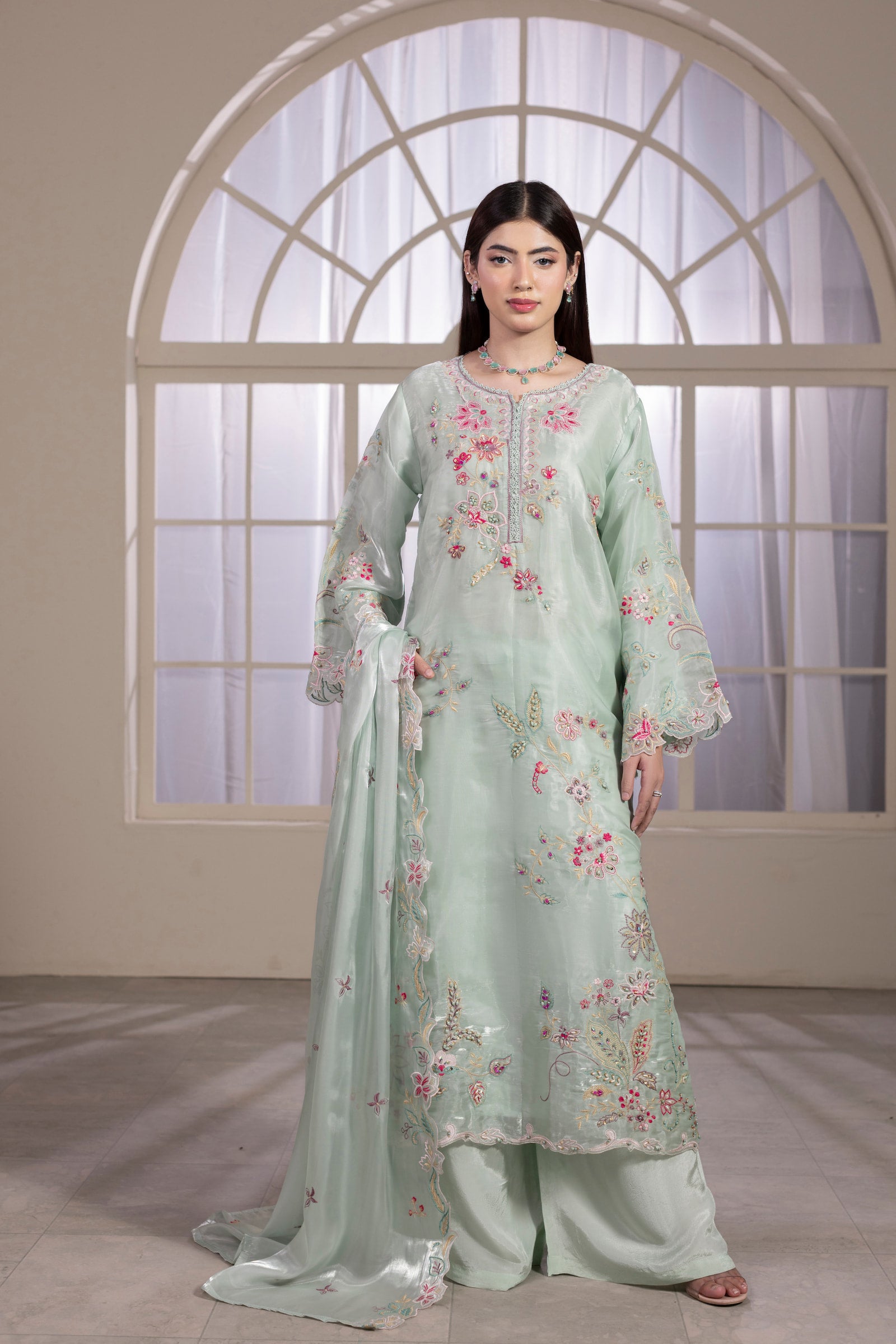 Mint green embroidered organza 3 piece suit for women, formal wear - photo 3