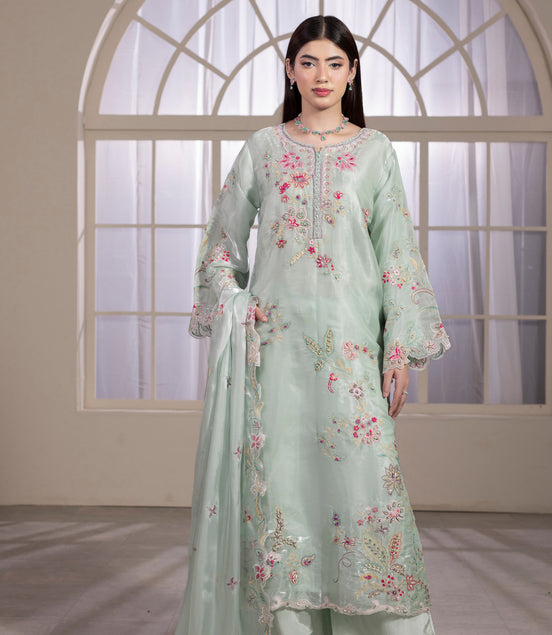 Mint green embroidered organza 3 piece suit for women, formal wear - photo 3