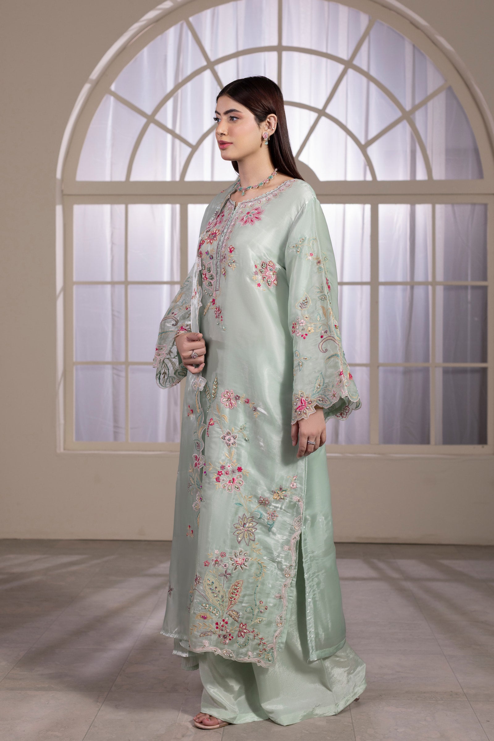 Mint green embroidered organza 3 piece suit for women, formal wear - photo 4