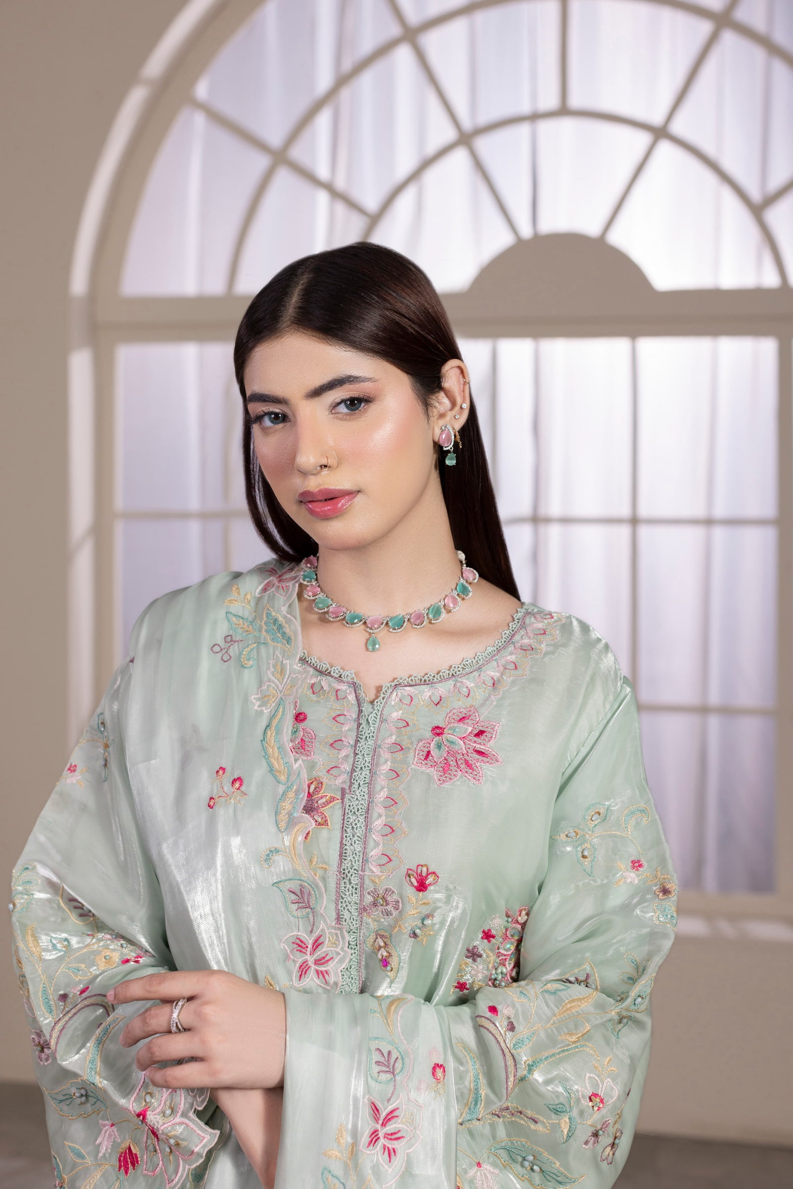 Mint green embroidered organza 3 piece suit for women, formal wear - photo 5