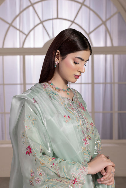 Mint green embroidered organza 3 piece suit for women, formal wear - photo 6