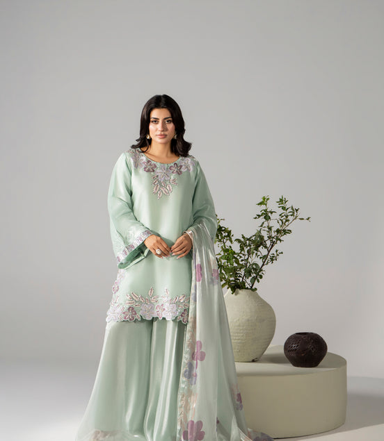 Mint green floral embroidered 3 piece Pakistani suit for women, festive wear - photo 1