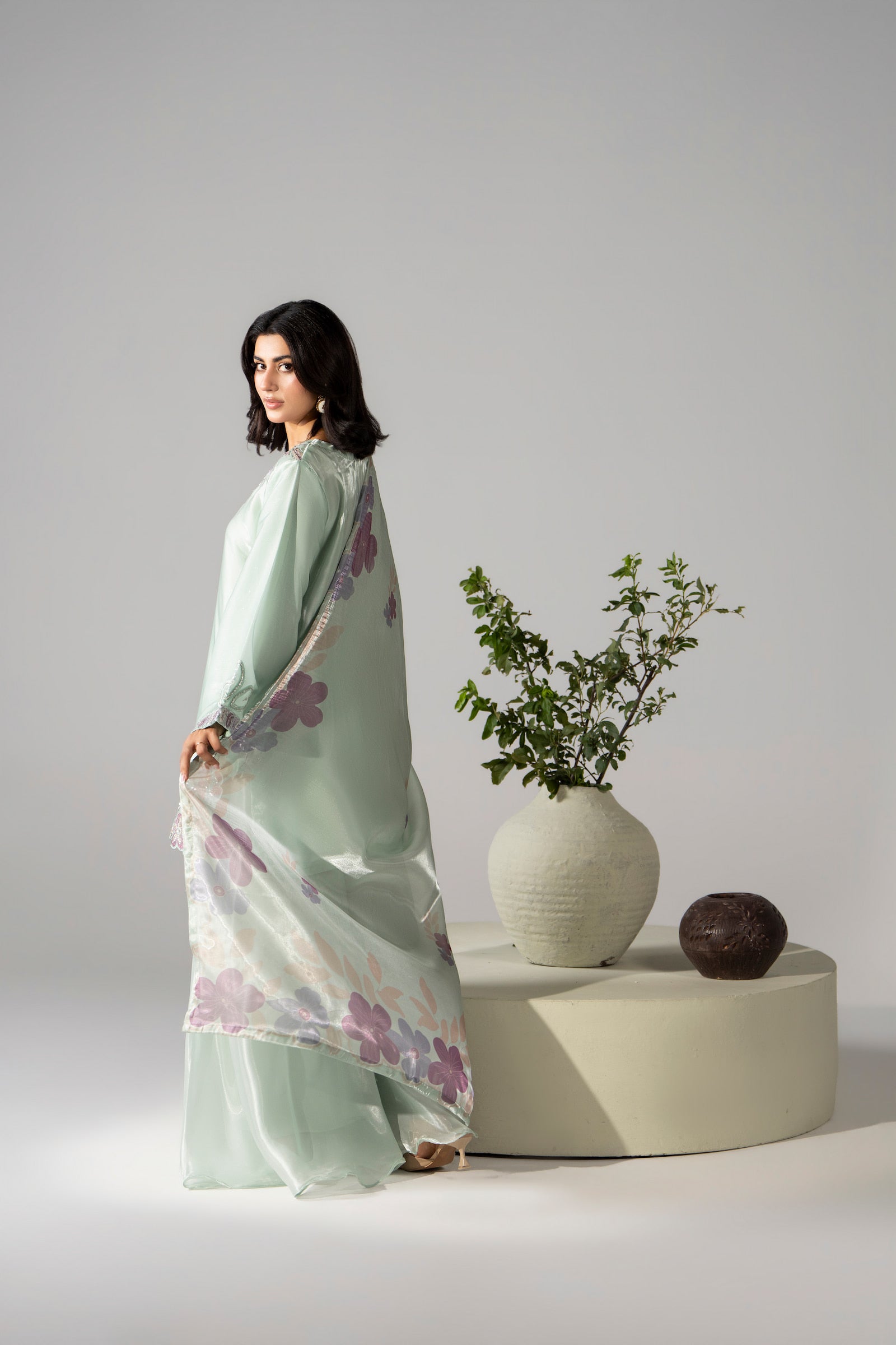 Mint green floral embroidered 3 piece Pakistani suit for women, festive wear - photo 2