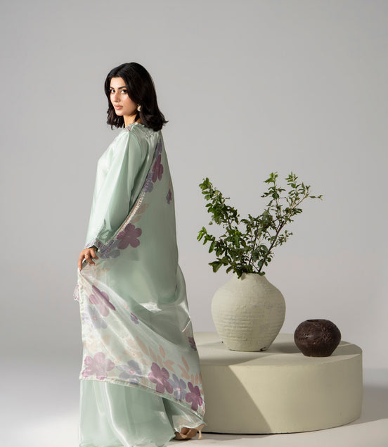 Mint green floral embroidered 3 piece Pakistani suit for women, festive wear - photo 2