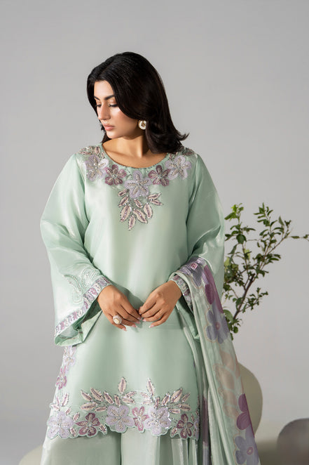 Mint green floral embroidered 3 piece Pakistani suit for women, festive wear - photo 3