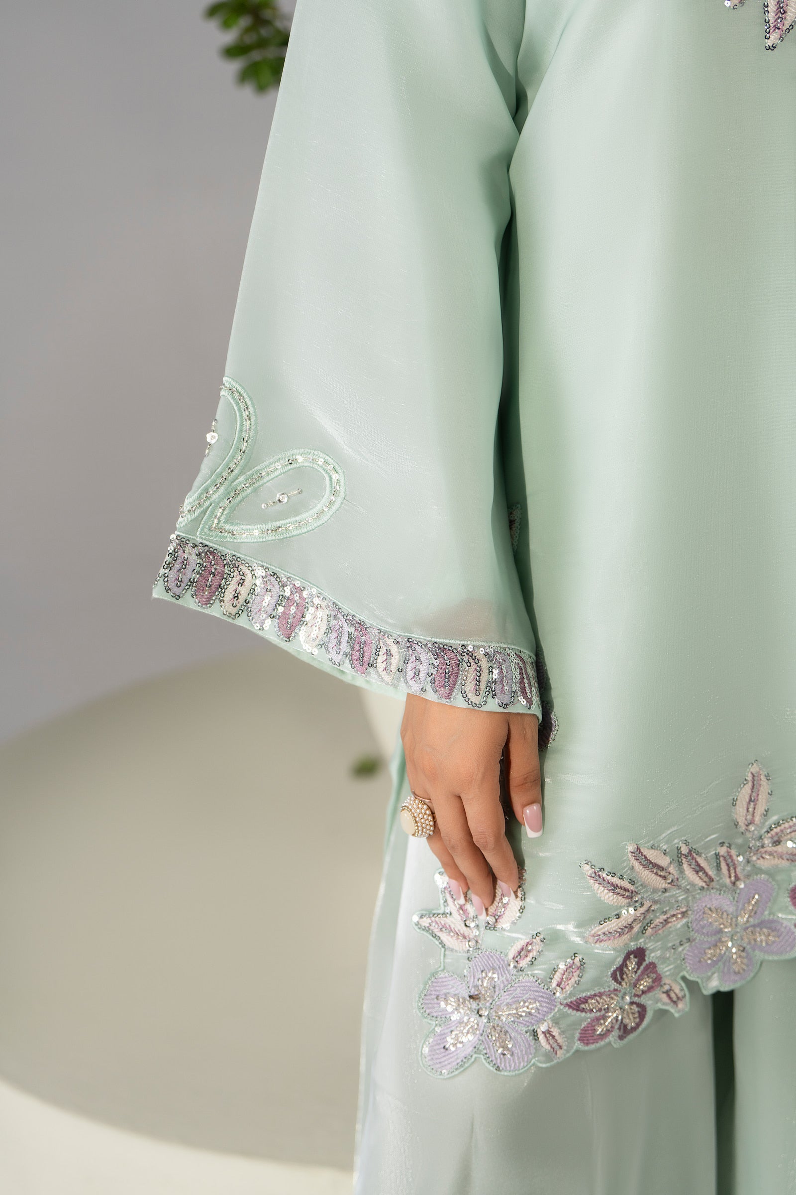Mint green floral embroidered 3 piece Pakistani suit for women, festive wear - photo 5