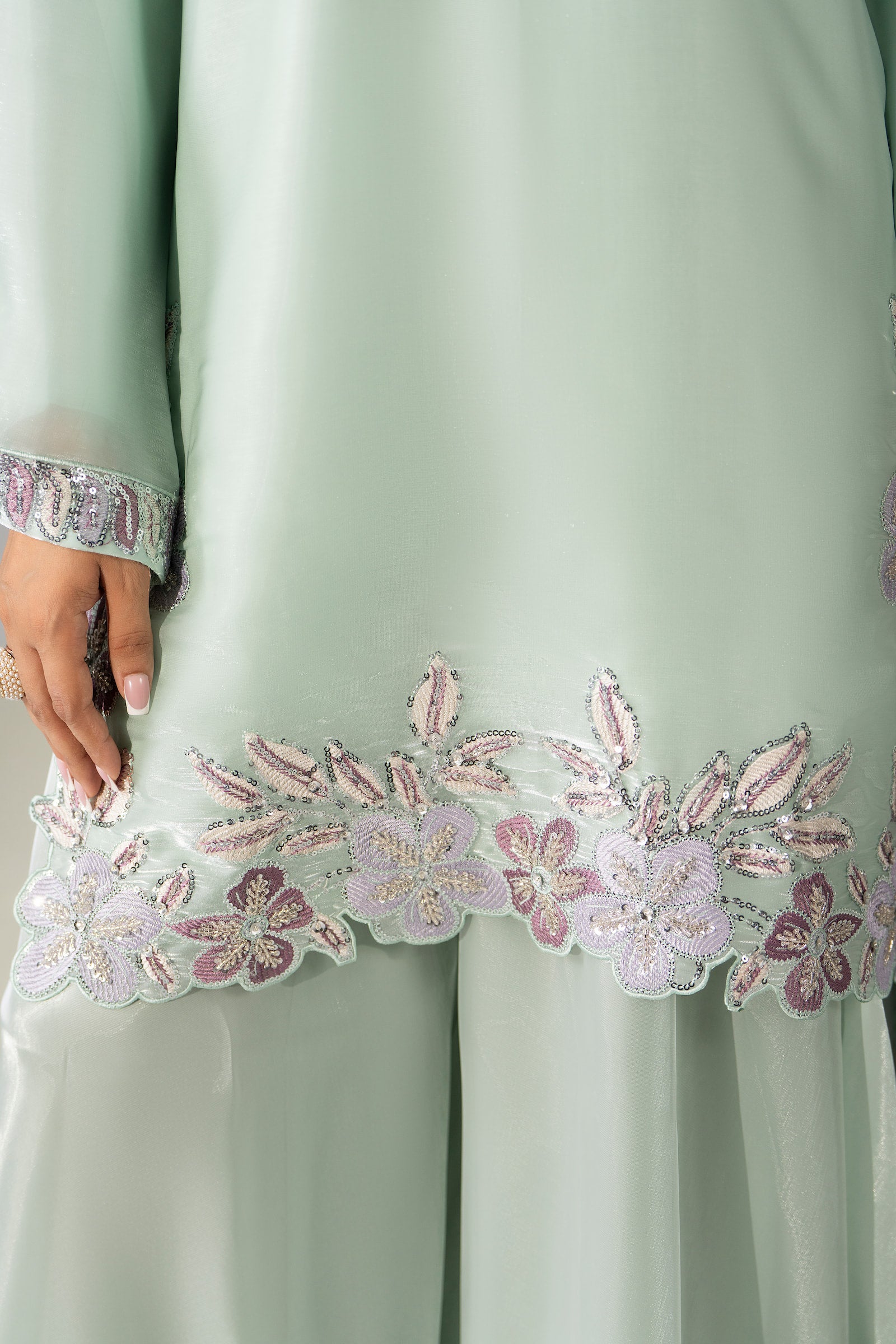 Mint green floral embroidered 3 piece Pakistani suit for women, festive wear - photo 6