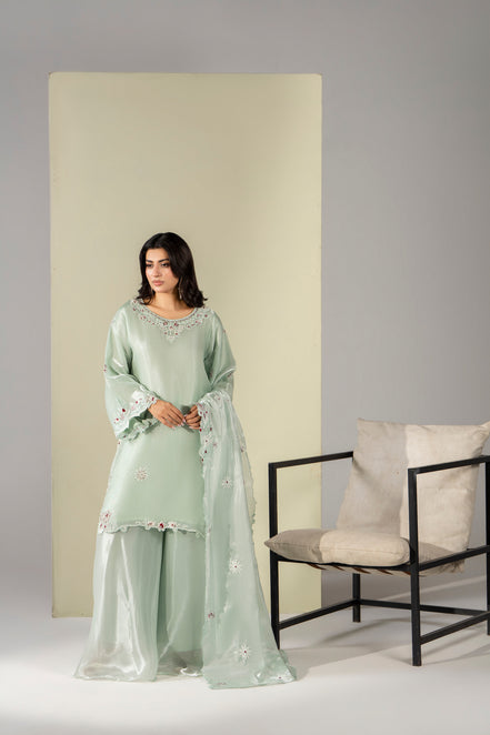 Mint green pastel embroidered 3 piece Pakistani suit with dupatta for women - photo 1