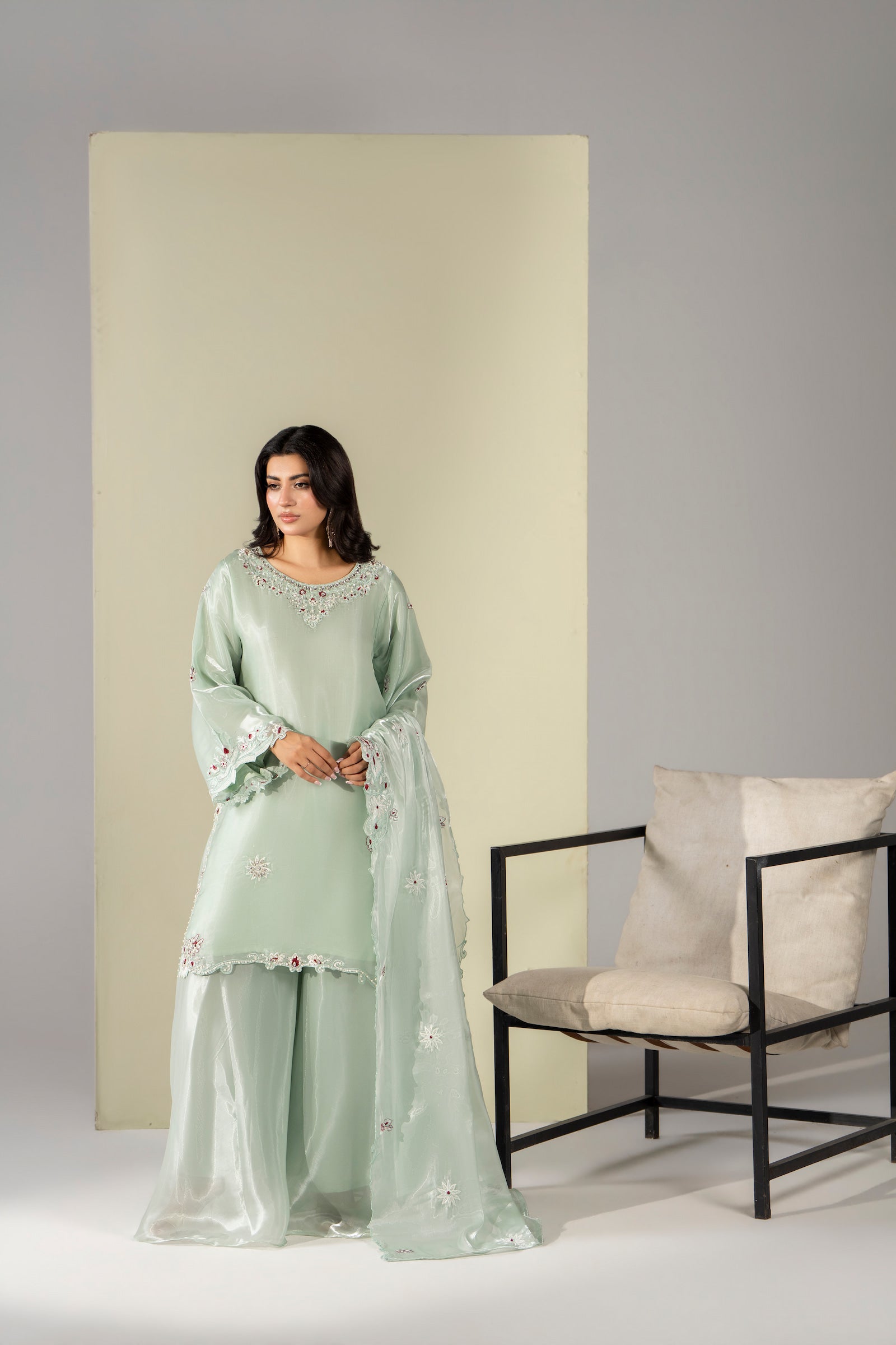 Mint green pastel embroidered 3 piece Pakistani suit with dupatta for women - photo 1