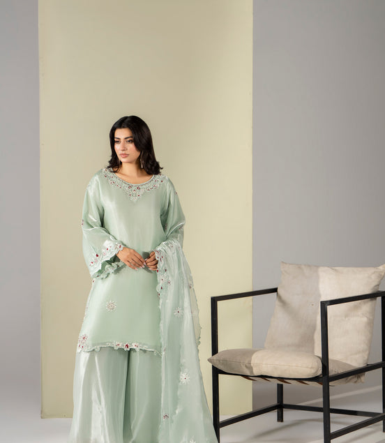 Mint green pastel embroidered 3 piece Pakistani suit with dupatta for women - photo 1
