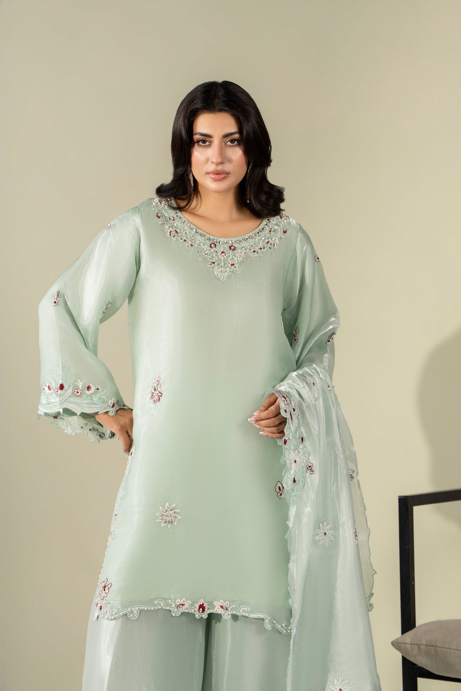 Mint green pastel embroidered 3 piece Pakistani suit with dupatta for women - photo 2